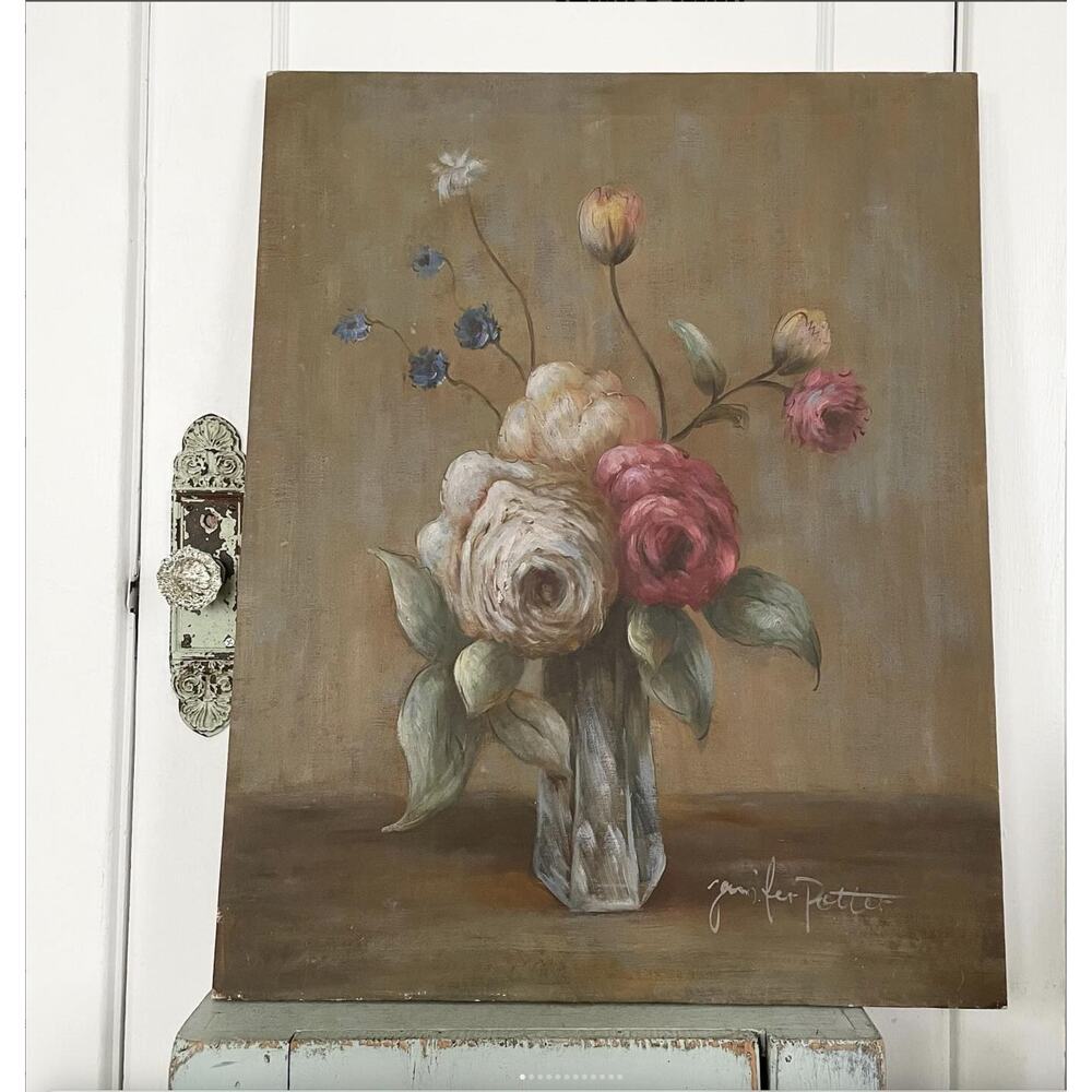 Vintage Flower Painting Large Floral Stretched Canvas Signed Pink Shabby 24x30"